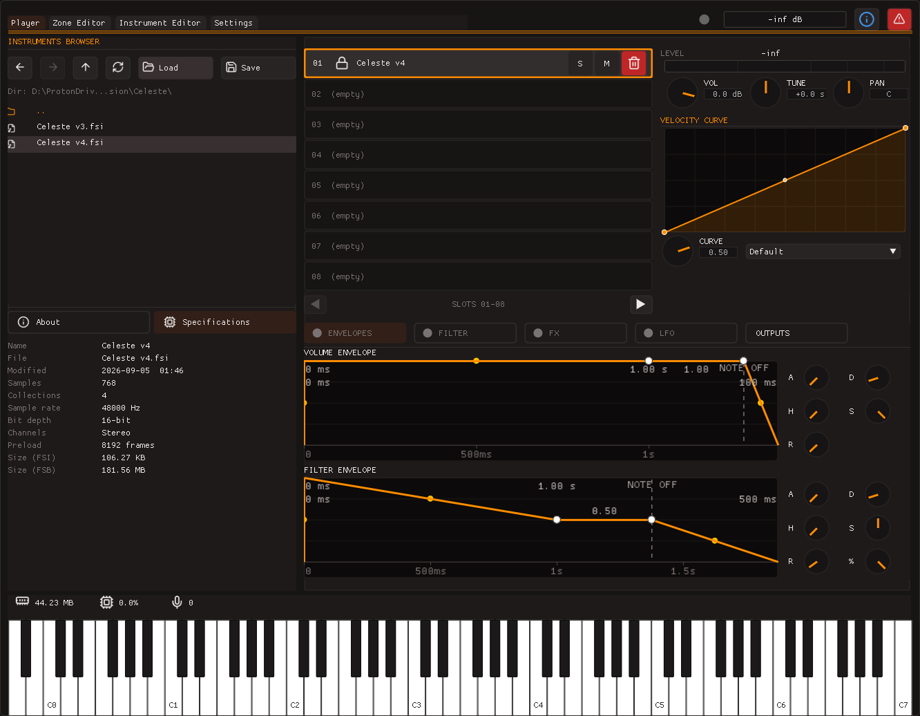 The FastSampler player tab: an instrument browser on the left, sixteen instrument slots, a velocity curve, and volume and filter envelopes with draggable handles.
