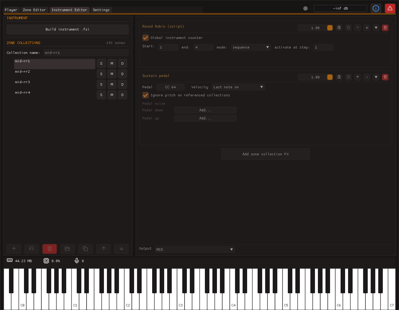 The instrument editor: a list of zone collections on the left with solo, mute and disable buttons, and an effect rack on the right holding a round robin script and a sustain pedal effect.