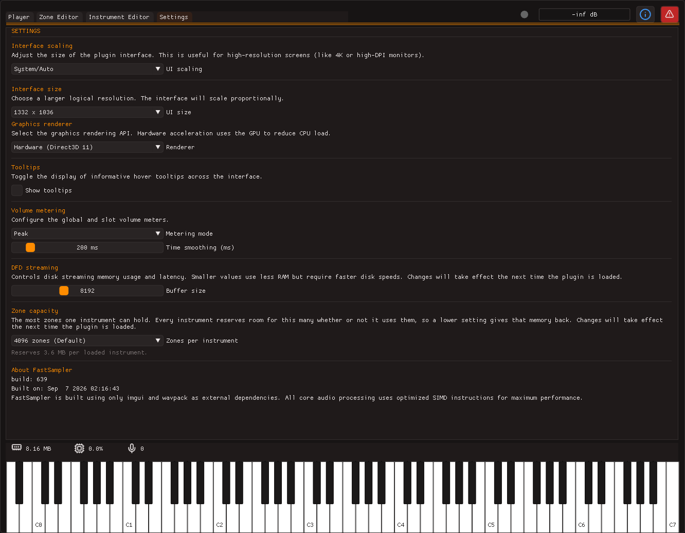 The settings tab: interface scaling and size, a choice of graphics renderer, tooltips, volume metering, the disk streaming buffer size, and the zone capacity of an instrument.