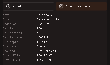 The specifications panel of the plugin, listing an instrument's sample count, sample rate, bit depth, preload size and file sizes.