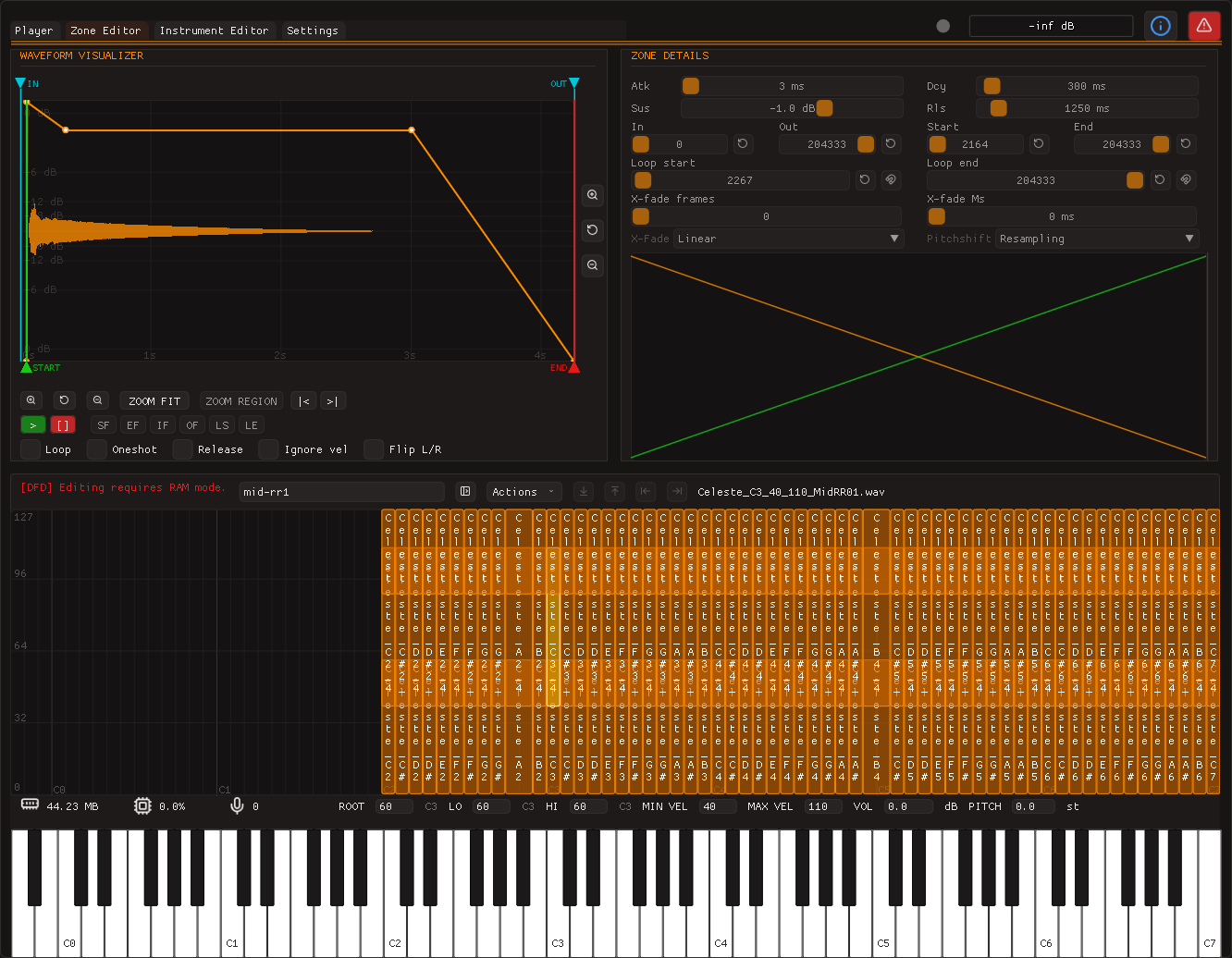 The zone editor: a waveform with its envelope drawn over it, zone detail fields, and a sample map spanning the keyboard and the velocity axis.